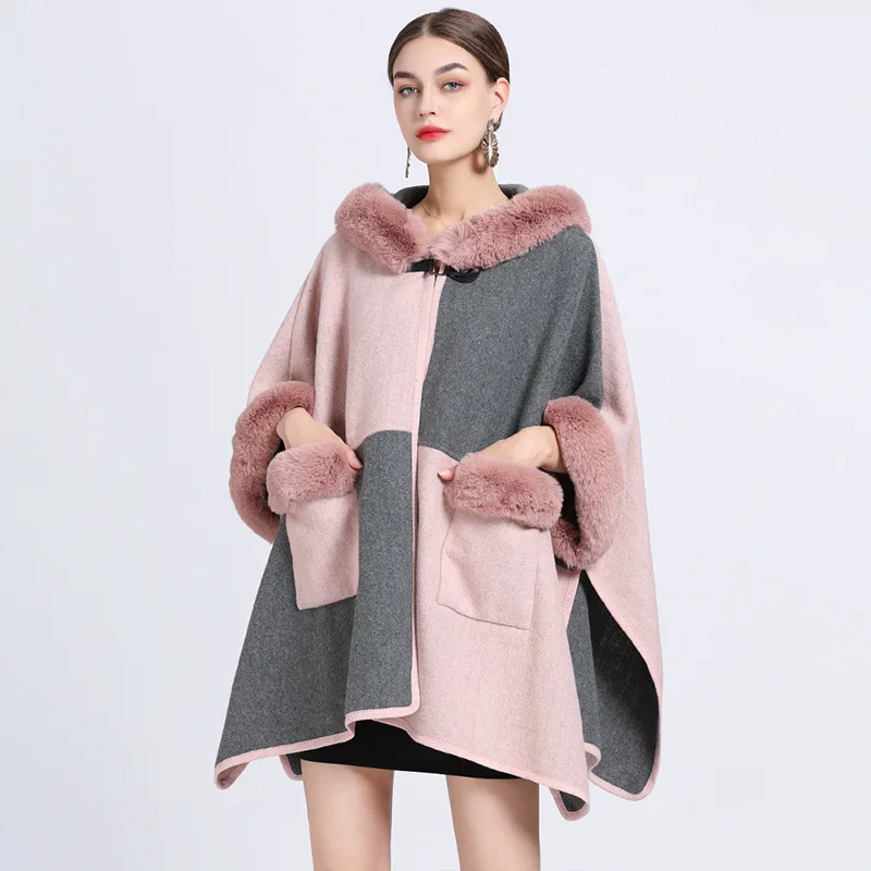 

High Grade Autumn Winter New Imitation Otter Rabbit Fur Collar Cape Knit Cardigan Poncho Lady Capes Pink Cloaks