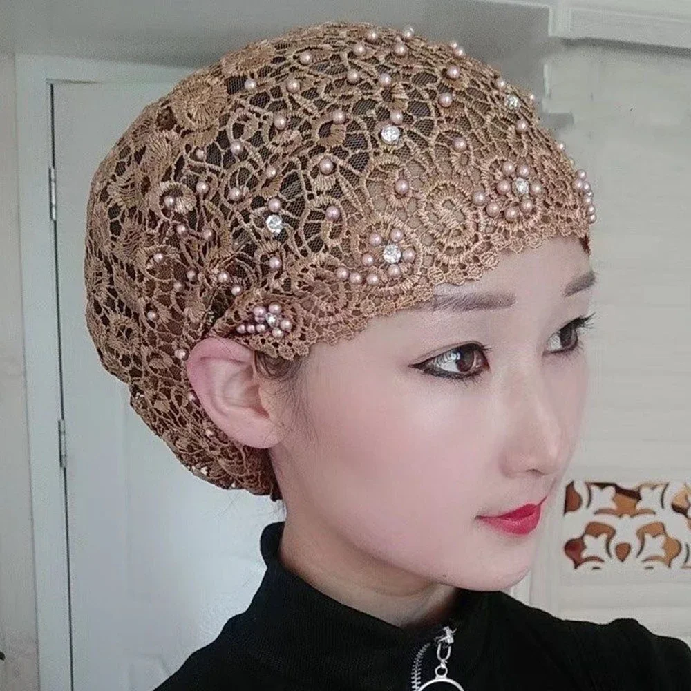 ประดับด้วยลูกปัดหรูหรา Turban หมวกผู้หญิงแอฟริกัน Lady HEAD Wraps มะเร็ง Chemo หมวกฤดูร้อนมุสลิมหมวก