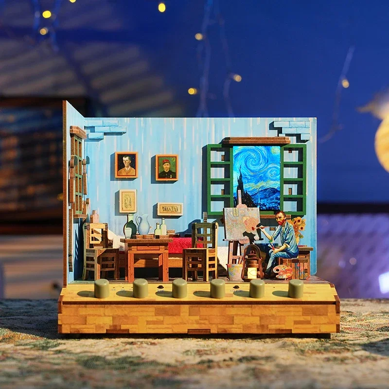 Animation Assembly House Van Gogh's Bedroom DIY Handmade Pop-up Book Building Block Toy Wooden Miniature Model Birthday Gift