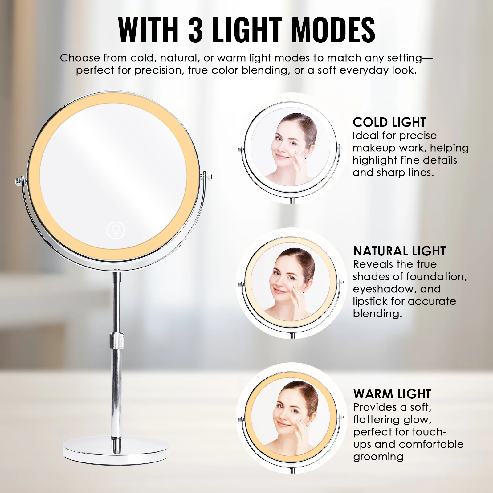 10X/1X Dual-Sided Vanity Mirror with LED Lights, 9-Inch Rechargeable Makeup Mirror with Dimmable Brightness & 3 Color Modes OEM