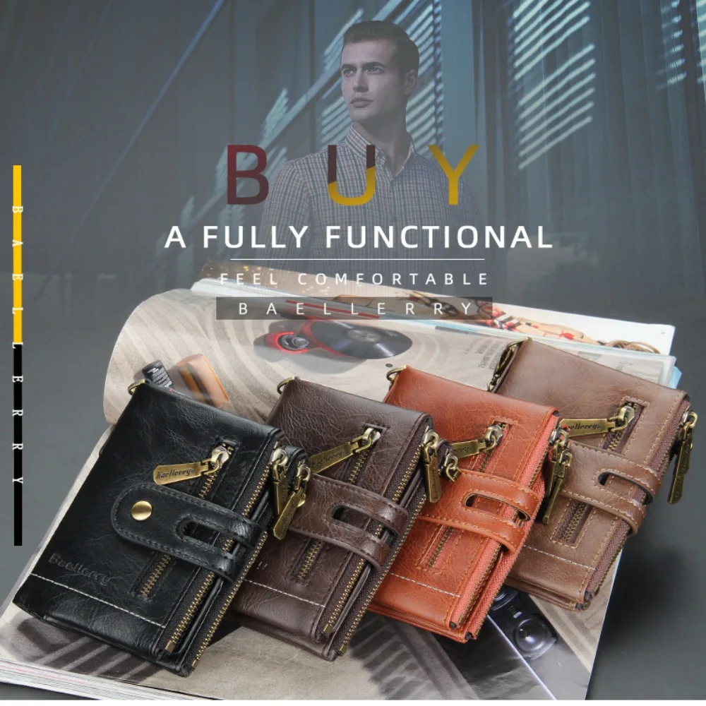 

Multiple Card Positions Men Wallet Trendy Genuine Leather Double Zipper Coin Purse Wear Resistant Small Card Holder