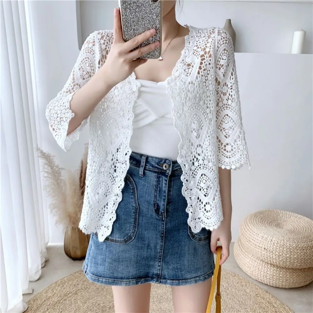 

Fashion 3/4 Sleeves Knitted Shrug Hollow Boho Style Mesh Sweater Crochet Cardigan Women