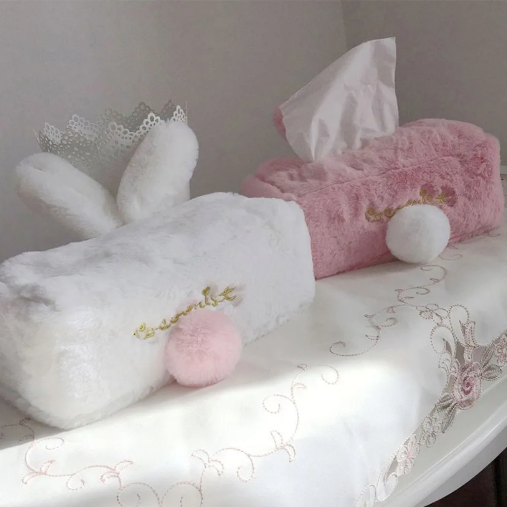 1pc Tissue Cover Cute Pink Plush Rabbit Tissues Storage Box Home Decoration Toilet Paper Holder Napkin Case