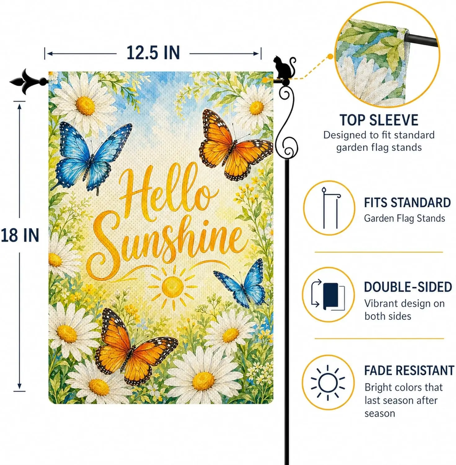 Hello Sunshine Daisy Butterfly Garden Flag, Double Sided 12 x 18 Inch Burlap Outdoor Yard Flag for Porch Patio Lawn Decor PPZ