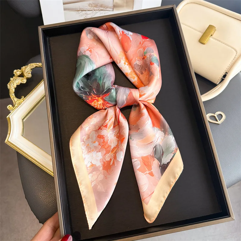 Turban High-grade Square Scarf Silk-like Printed Scarf Women's Shawl Sunscreen Silk Scarf Sense Korean Atmosphere Neck Small Squ
