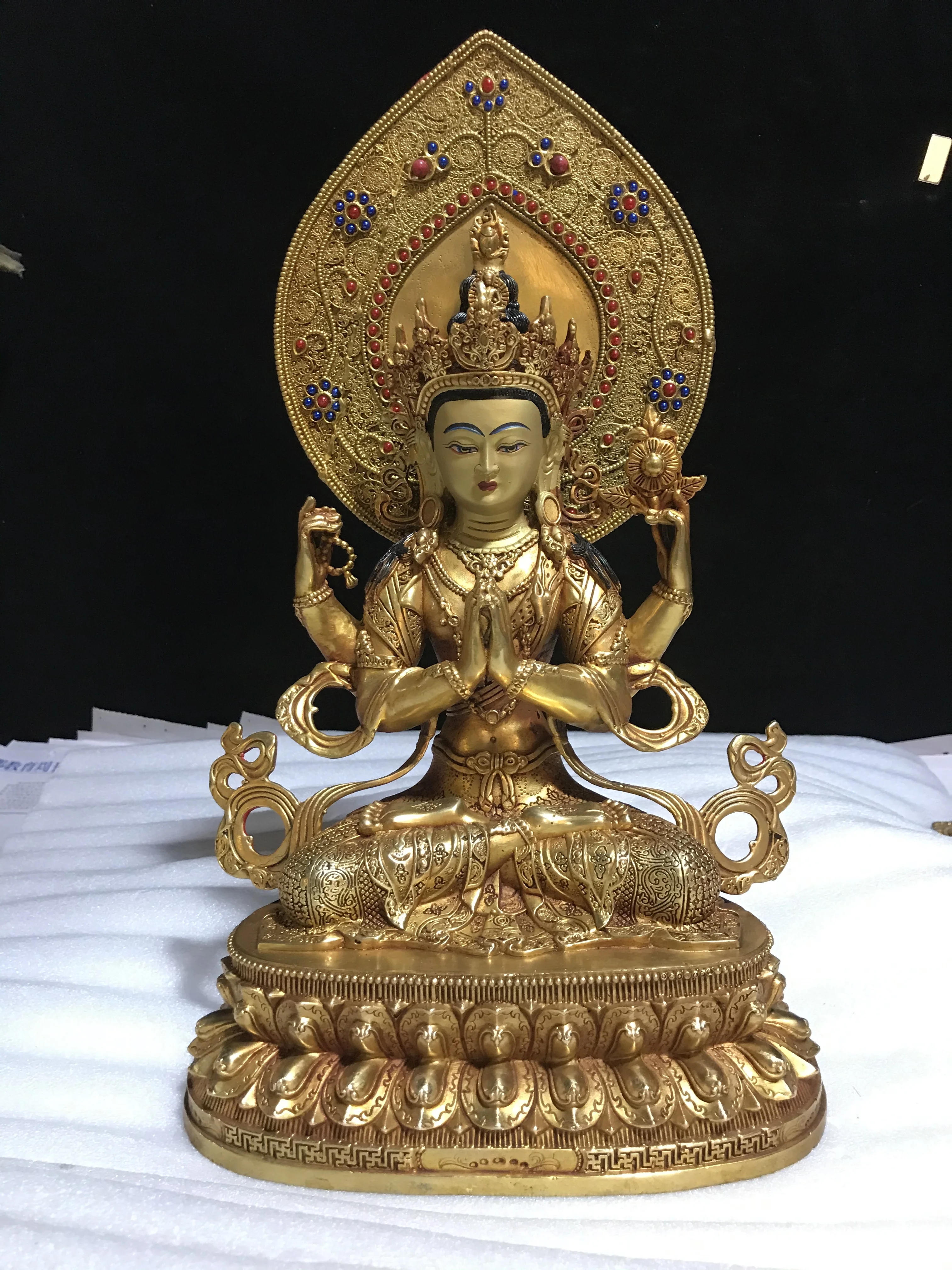 

10 inch Tibetan Tantric pure copper gilt four-armed Buddha mother Buddha statue Brass one-foot plus backlit bronze statue orname