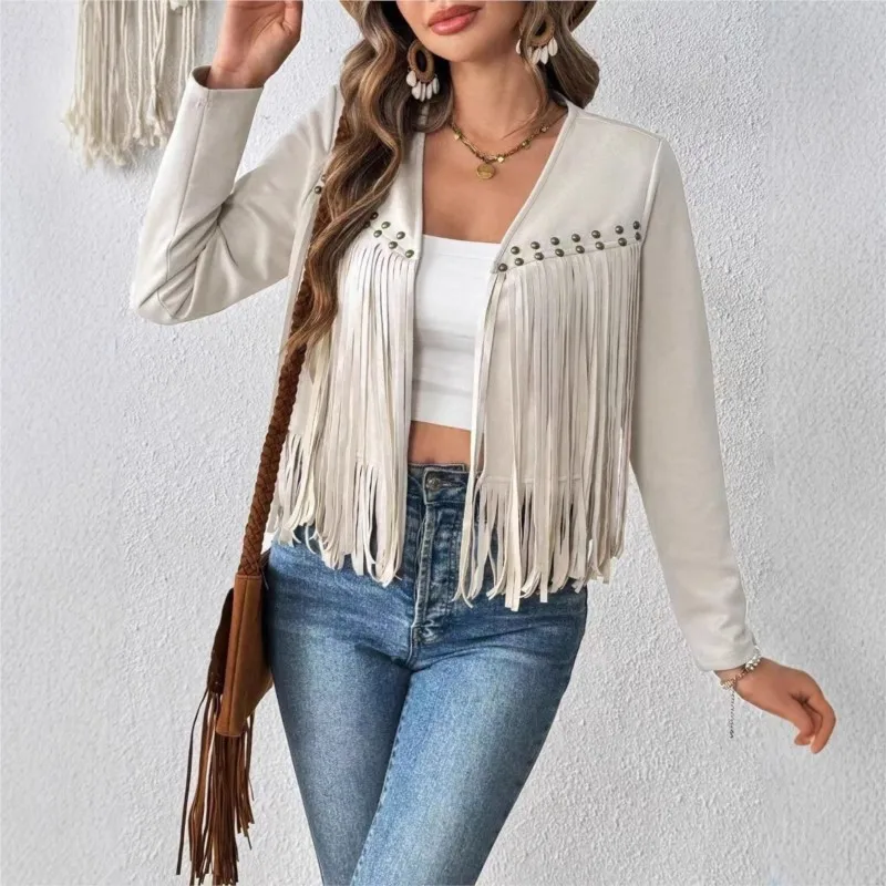 

2025 New Women Tassel Patchwork Coats Long Sleeve V Neck Cardigan Casual Fashion Outerwear Solid Spring Autumn Jacket Streetwear