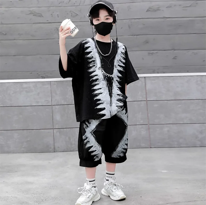 2026 Summer Boys Casual Loose All-Over Printed t-Shirt Tops+Shorts Pant Sets School Kids 2PCS Tracksuit Children Outfits
