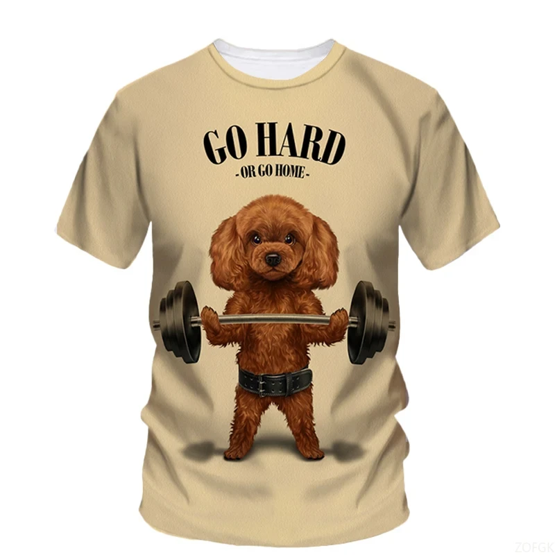 Funny Animal Dog Go Hard Weightlifting Graphic T Shirts Fashion Dumbbel Sports 3D Printed T Shirt For Men Casual Kids Tee Tops