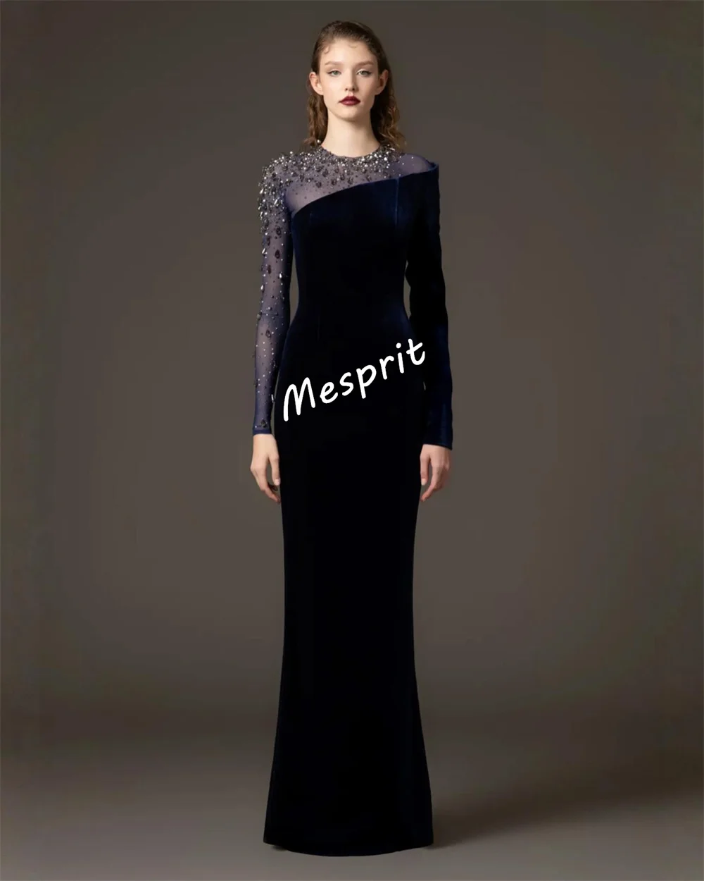 Customized Sparkle High Quality O-Neck Long Sleeves Trumpet Long Dresses Bespoke Occasion Elegant Party Wedding Formal Evening