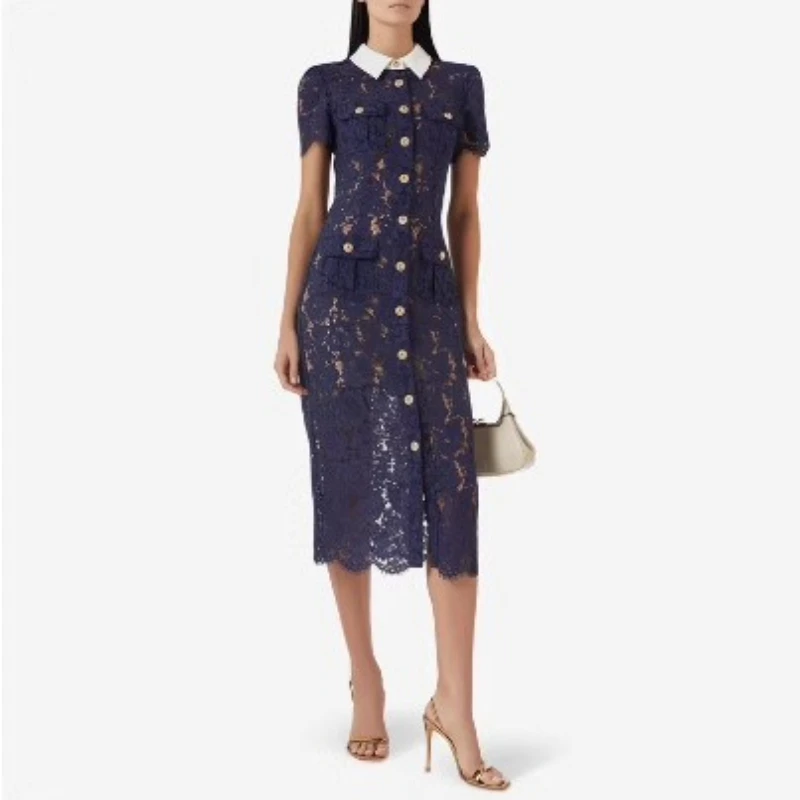

Luxury Blue Evening Lace Dresses Women 2025 Summer Lapel Single Breasted Short Sleeve Straight Midi Long Dress Party Vestidos