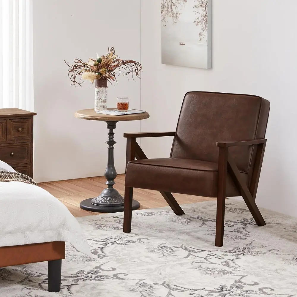 

Accent Chair, Armchair with Strong Wood, PU Leather, Retro Lounge Chair for Living Room/Lounge/Office/Reception Area, Brown