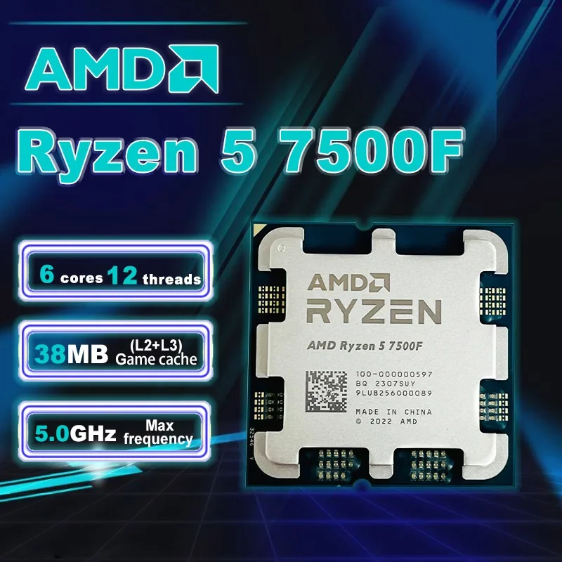 Procesador AMD Ryzen 5 7500F de 6 Núcleos y 12 Subprocesos, 3.7GHz hasta 5.0GHz, 5NM, 32MB L3, 65W, Socket AM5, DDR5, PCIe 5.0 para PC de Escritorio