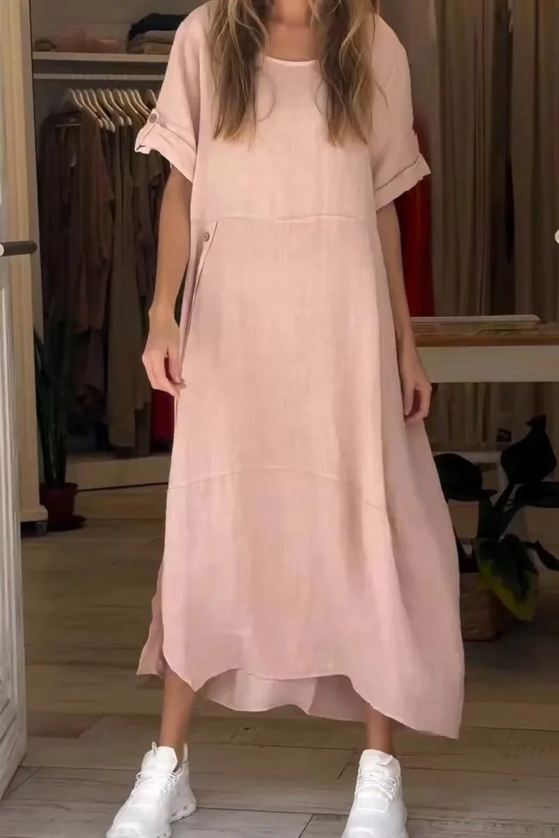 여성용 솔리드 루즈 롱 드레스 라운드넥 반팔 스플라이스 캐주얼 버튼 스플릿 베스티도 우아한 여성 여름 드레스