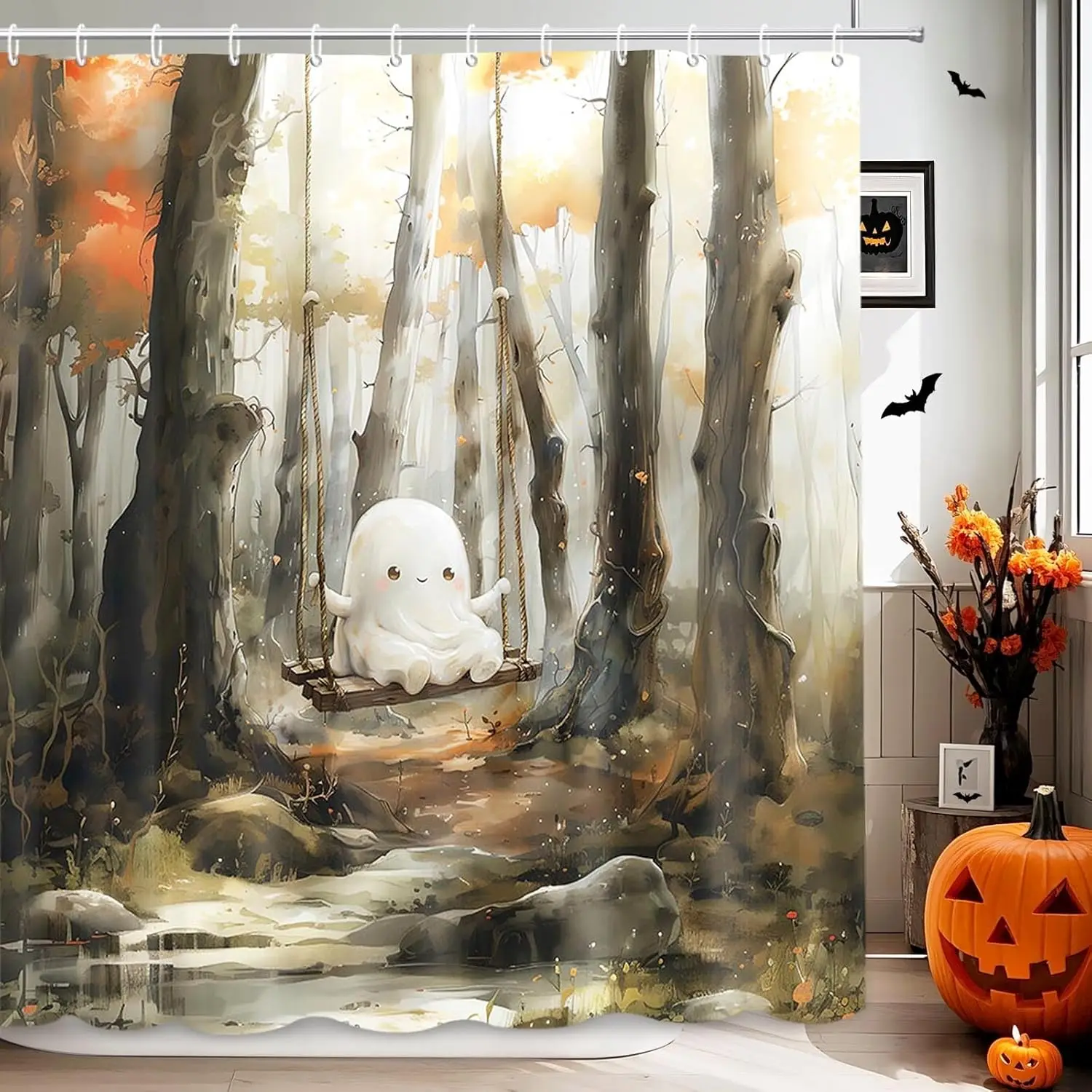 

MEHOFOND Хэллоуин занавеска для душа милый призрак на качелях лунный свет лес занавески для душа для ванной комнаты Хэллоуин винтажные жуткие забавные