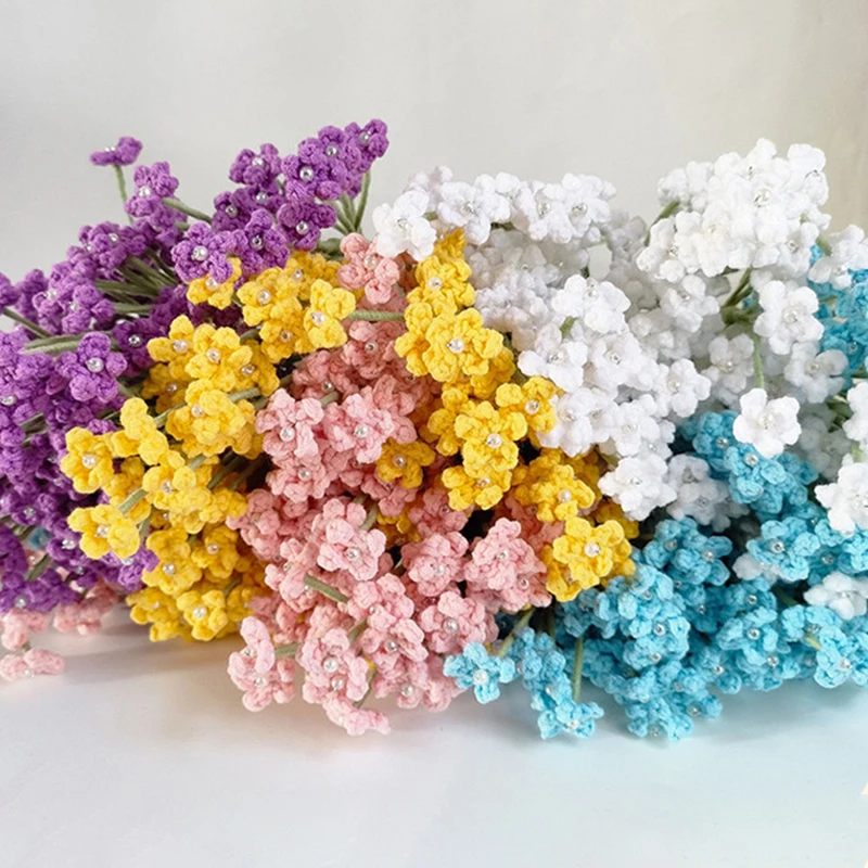 Elegant Hand-woven Gympanosus Solid Color Wool Flower Bouquet Finished Pearl Decoration Faux Flower Wedding Accessories