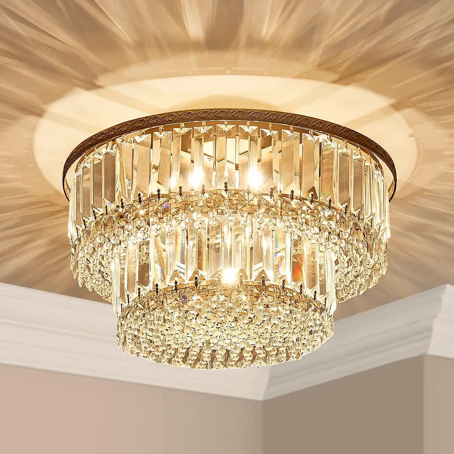 Crystal Chandelier with 5 Lights and 2-Tier,Modern Flush Mount Ceiling Light Fixtures Modern Chandelier