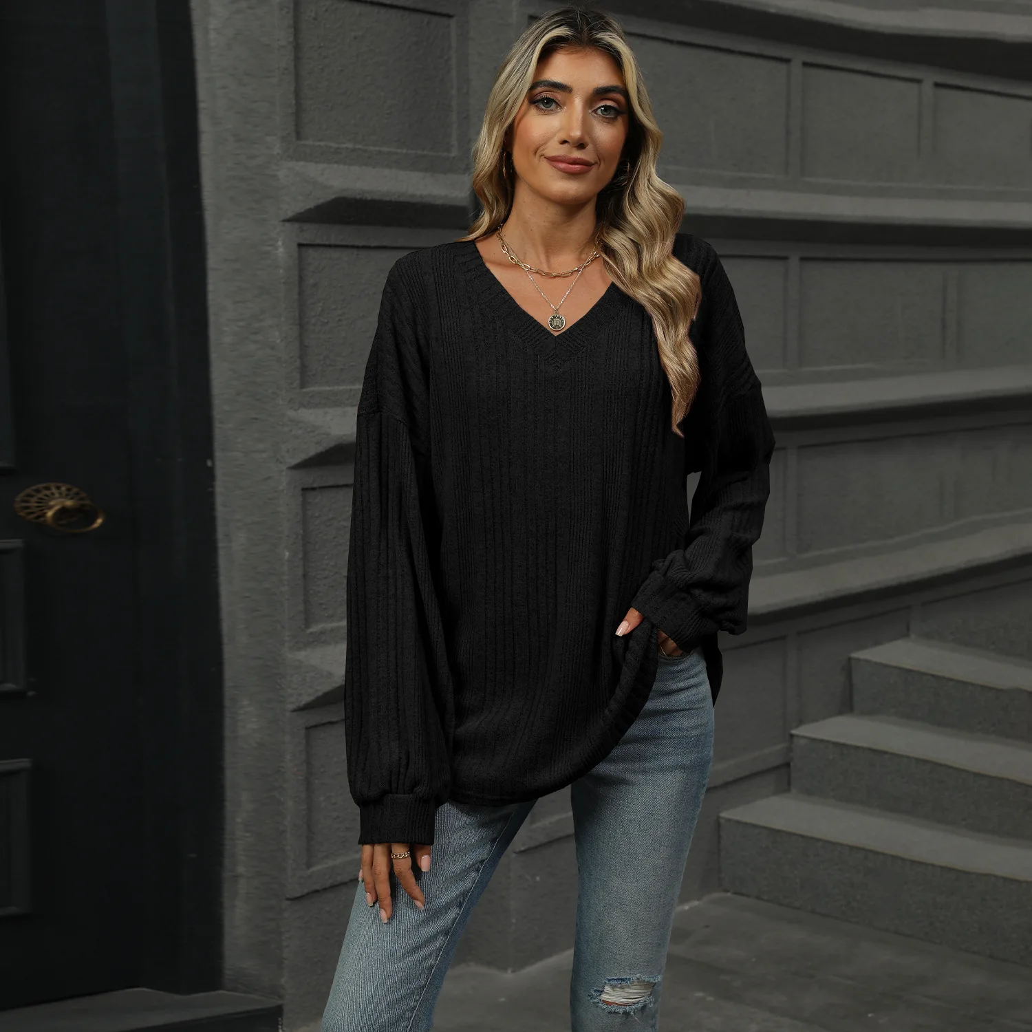 Damen-Strickpullover mit V-Ausschnitt, vielseitiges Oberteil, langärmlig, 2025, Herbst und Winter, lässiger Stil, lockeres, solides T-Shirt mit V-Ausschnitt