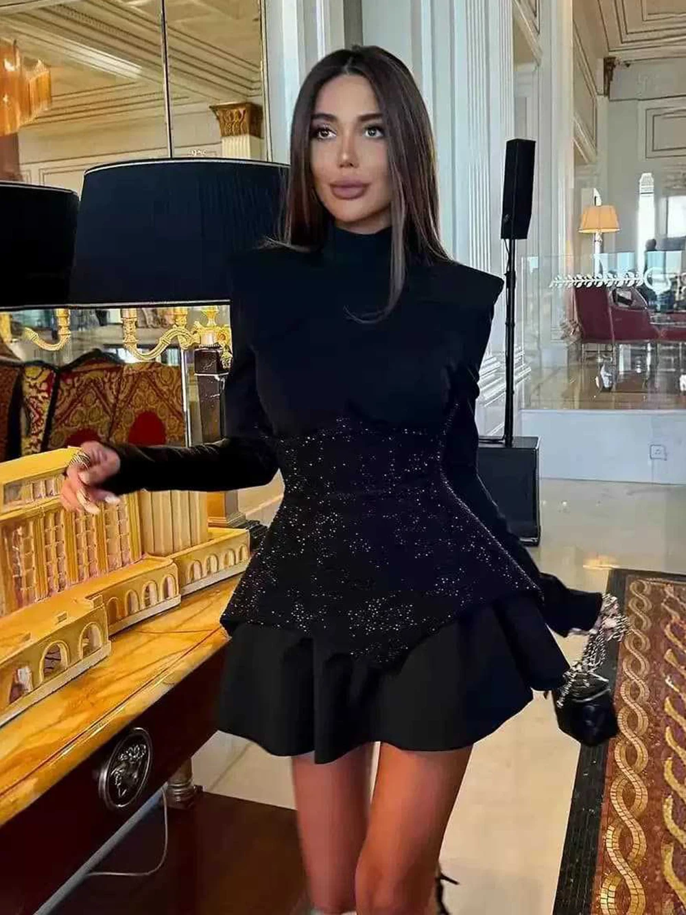 

Retro Women's New Solid color Long Sleeved Stand Up Collar Patchwork Rhinestone A-line Skirt Fashionable Party Gowns