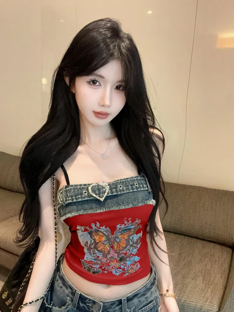 Top vaquero Y2K americano con cuello ter para mujer, Top de tubo Sexy tailandés para chica, Top corto único y hermoso de e...