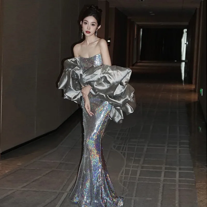 

Silver Paillette Fishtail Dress Female Sense Host Banquet Temperament Entry Strapless