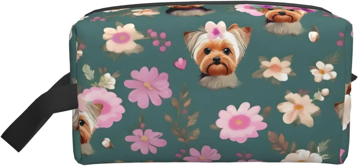 Yorkie Floral Pattern Toiletry Bag, Makeup Cosmetic Bag, Travel Bag For Toiletries, Storage Bag With Zipper