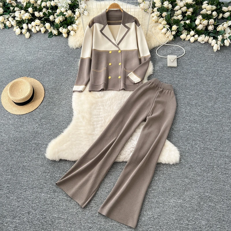 Fashion Set Women's Loose Fashion Color Blocked Collar Knitted Cardigan+high Waist Wide Leg Pants Two Piece Set