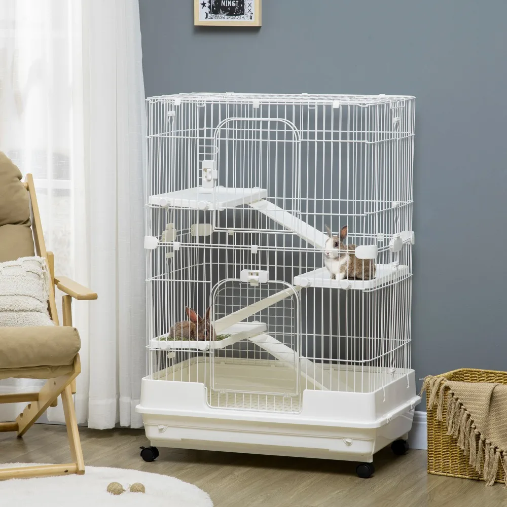 

White Multi-Level Small Pet Cage with Ramps & Wheels – Safe Haven for Rabbits, Chinchillas & Minks