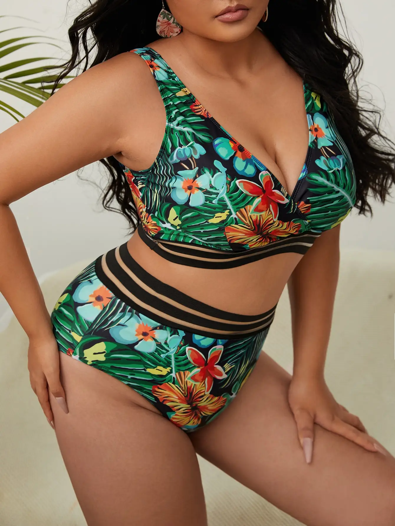 Maillot de bain grande taille, imprimé floral, bikini, pour femmes, taille haute, baigneuses, vêtements de plage, 2023