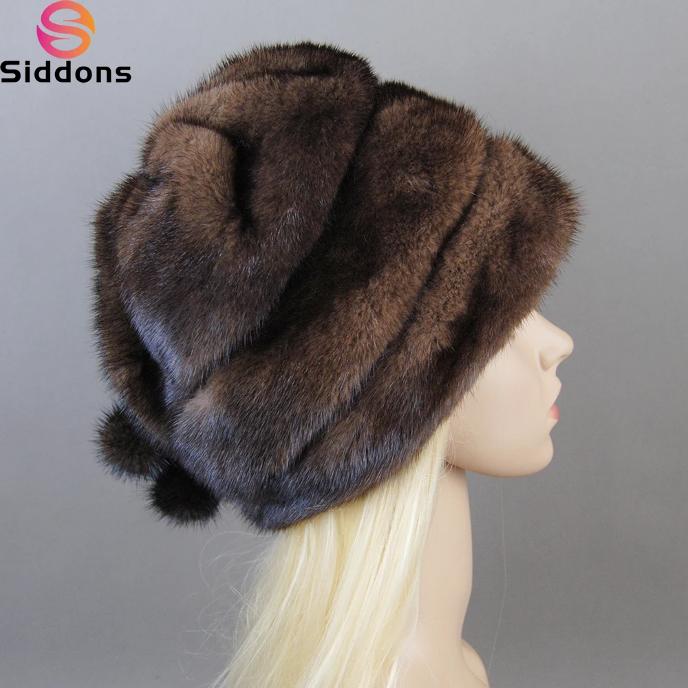 Mink Fur Hats Women Stylish Warm Natural Whole Mink Fur Luxury Winter Caps anti cold Snow Hat with balls head 55-62cm