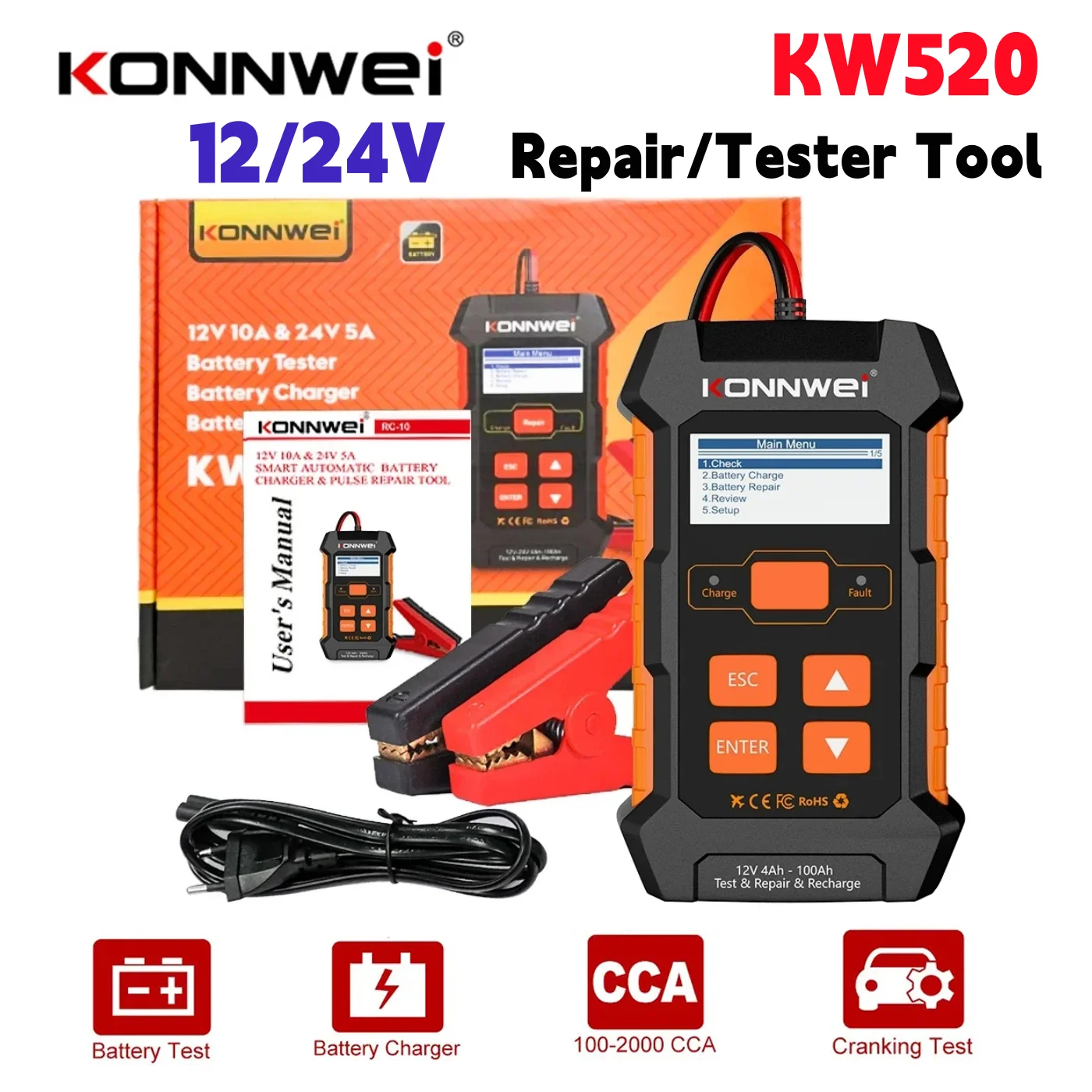 

KONNWEI KW520 Full Car Automatic Battery Tester Repair Tool Truck Lead Acid Pulse Repair Tool AGM Gel Lithium Power Supply