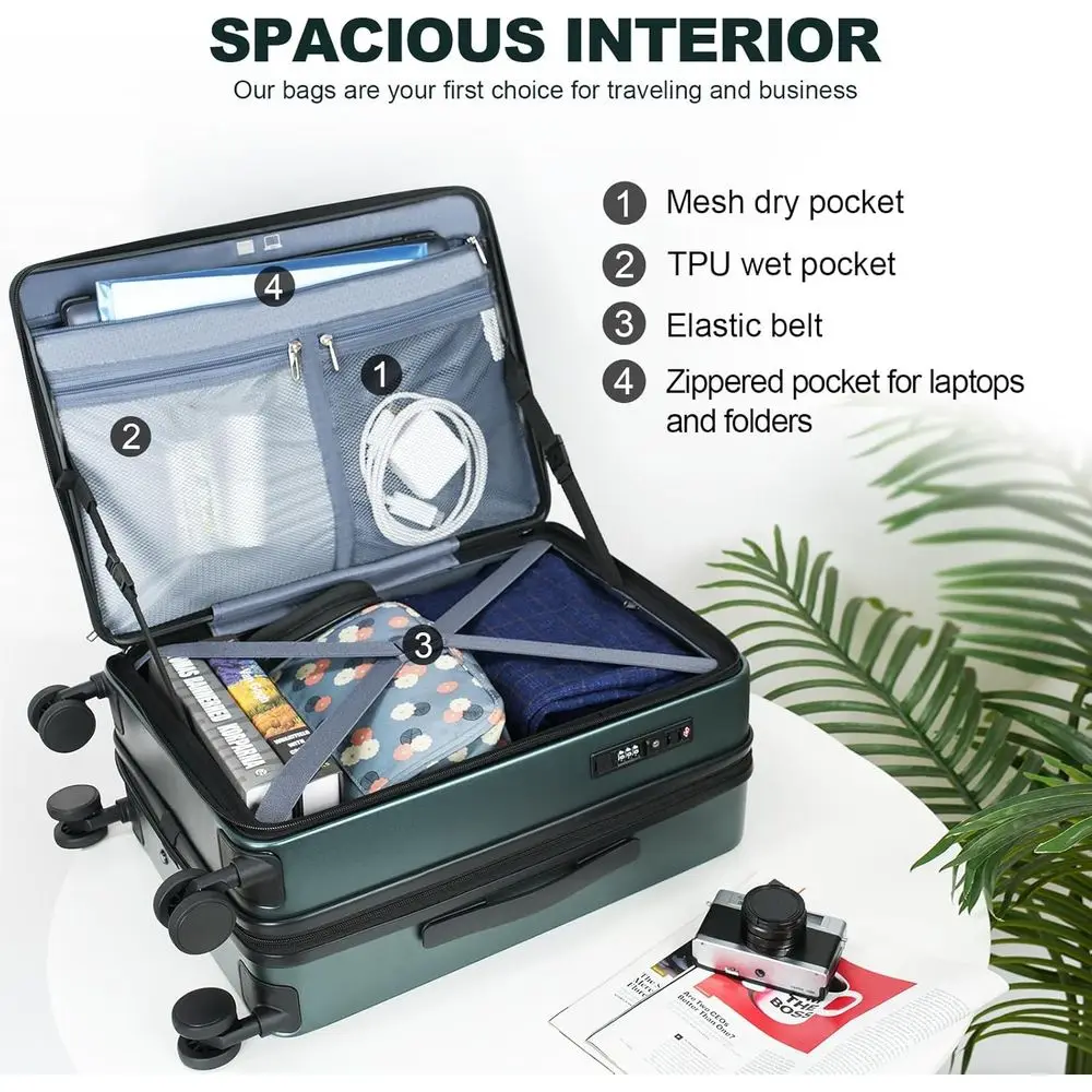 Expandable 20 Hardshell Spinner Suitcase with USB Port, TSA Lock, and Top Opening, Dark Green