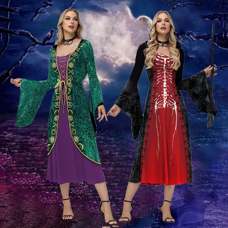 Hocus Pocus Cosplay Hooded Dresses Women Halloween Carnival Party Witch Dress Costume Evening Performance Clothes Casual