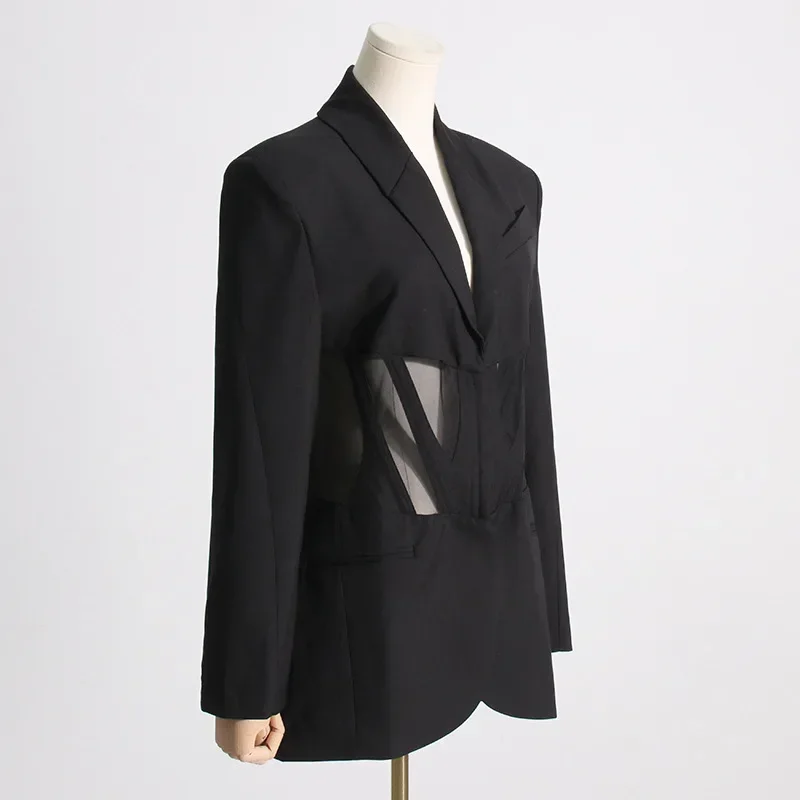 Blazers casuais femininos de espinha de peixe, manga comprida, casacos soltos, outono slim fit, agasalhos transparentes, estilo coreano