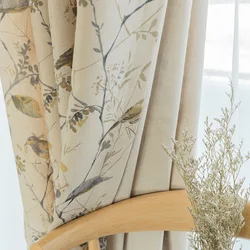 Cotton Linen Curtains for Living Room Beige Branch Printed Window Curtain for Bedroom Vintage Window Drapes Blind Panels Decor