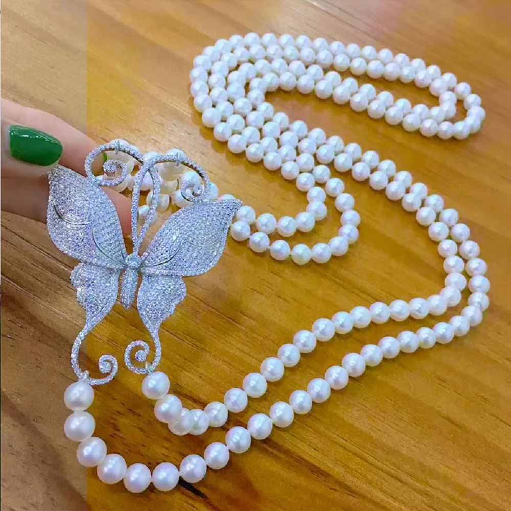Long necklace AAAA7-8mm natural pearl white pearl necklace 32-36in/925s - button cannot be opened - supports customized size