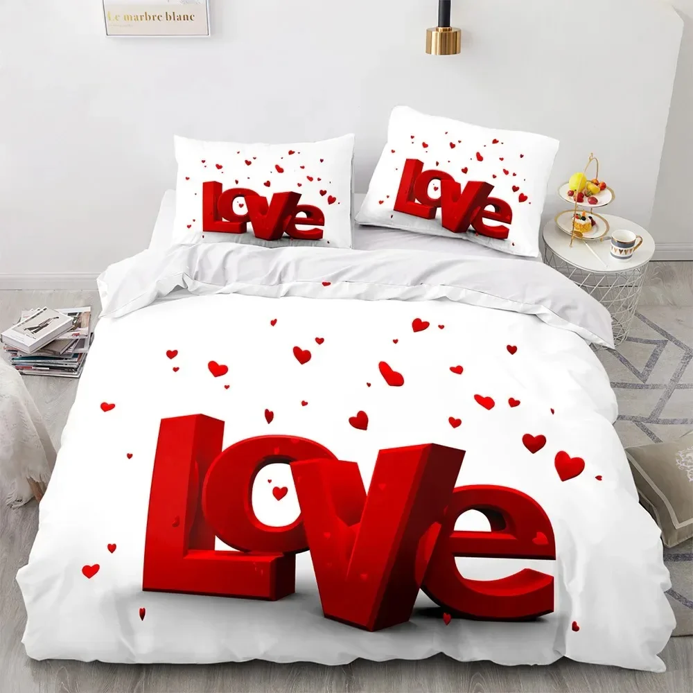 Love Duvet Cover Queen Heart Shaped Bedding Sets White Romance Polyester Comforter Cover For Women Men Boys Girls Teen King Size