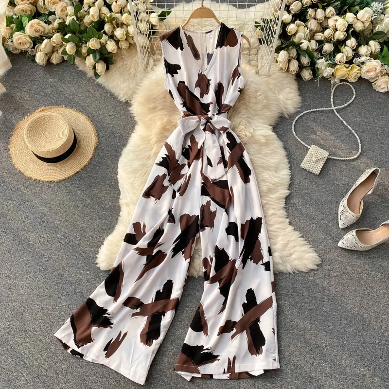 Women Summer Fashion Print Jumpsuits V-neck Sleeveless Romper Waistband Jumpsuits Euro Style Ladies Loose Leg Pants Overalls