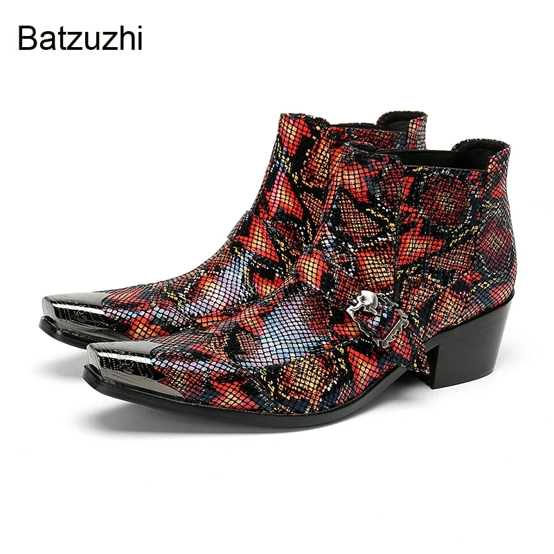 

Batzuzhi 6.5cm Heels Fashion Men's Boots Iron Toe Brown/Blue Leather Ankle Boots Men Buckle Slip on Knight/Party Botas Hombre