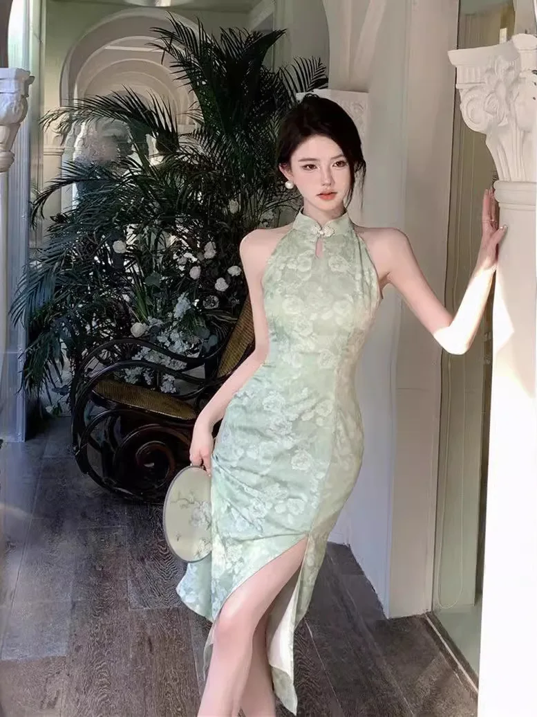 New Chinese style green neck hanging dress for women's summer cheongsam improvement youthful style split open shoulder 4S21