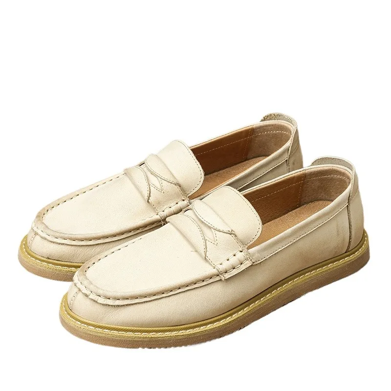 

High End Fashion Loafers Men's Dress Shoes Breathable Genuine Leather British Round Toe Leather Shoes Men's Flats Spring Autumn