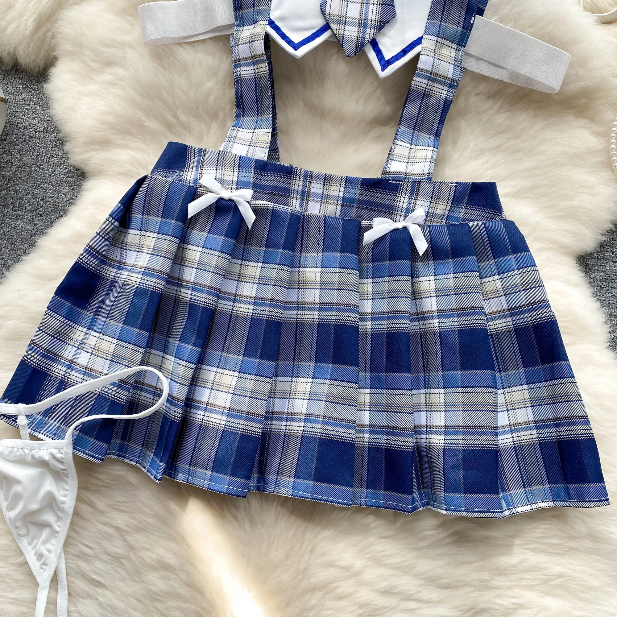 Girls Sexy Cute Japanese JK Uniform Mini Checkered Strap Skirt Off Shoulder High Waist Elastic Cosplay Dress Hot Sweet Pajama