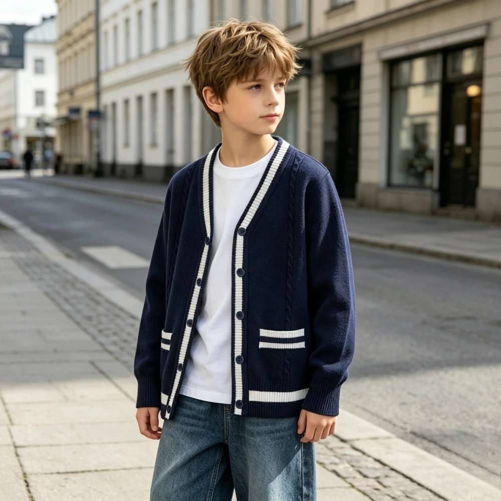 Kids V-Neck Cardigan Sweater Button Down School Uniform Style with Cable Knit Detail Boys Girls Classic Casual Autumn Outwear