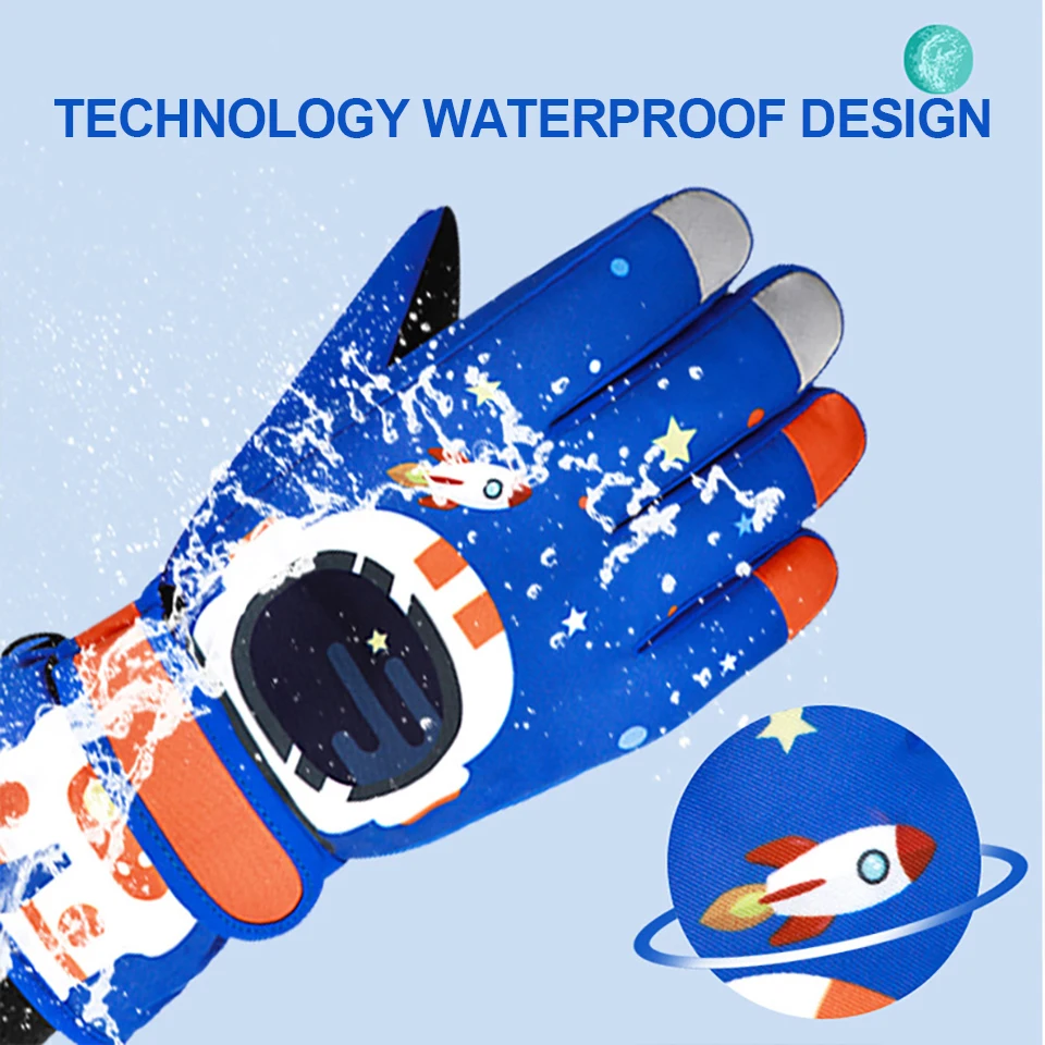 GOBYGO 1 زوج قفازات الشتاء للأطفال رائد الفضاء الكرتون الأطفال نسخة خمسة أصابع الدفء الدراجات يندبروف قفازات التزلج #2