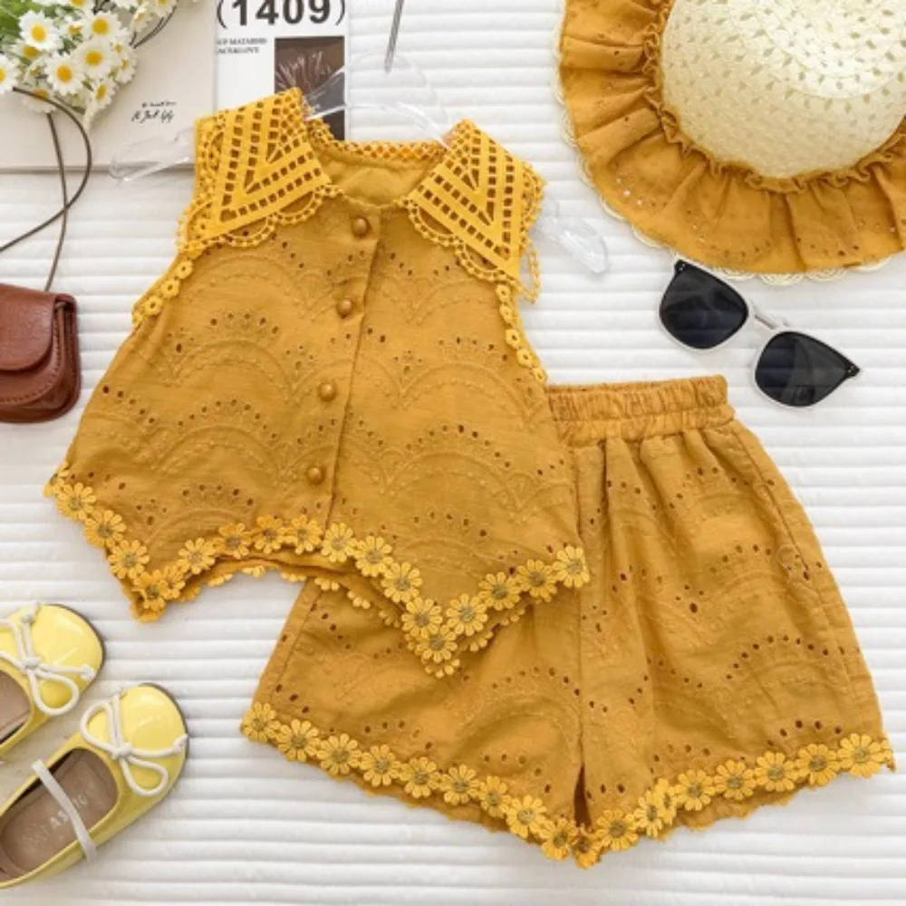 Summer New Kids Korean Fashion Suit, Sheer Hollow Lace Blouse, Slim Lightweight Girls Daily Two Piece Outfit