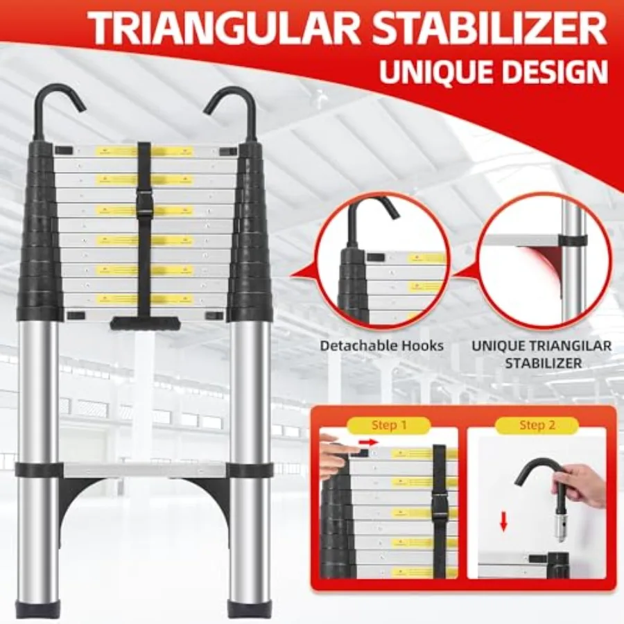 12.5 FT Aluminum Lightweight Extension Ladder with 2 Triangle Stabilizers and 2 Detachable Hooks Safety Lock Slow Down Design C