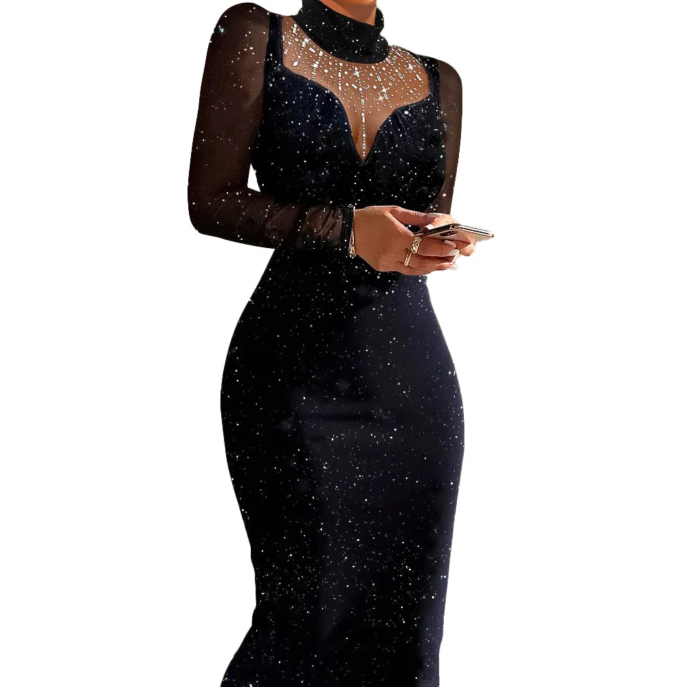 STUNROBES Sexy Sequin Formal Evening Dresses For Women 2024 Autumn High Waisted Slim Long Dress Ruched Elegant Party Prom Dress