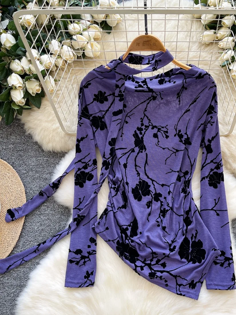 

Foamlina 2025 весенне-осенняя футболка с цветочным принтом, женская винтажная футболка с круглым вырезом и длинными рукавами, тонкие ленты, нерегулярные женские футболки, топы