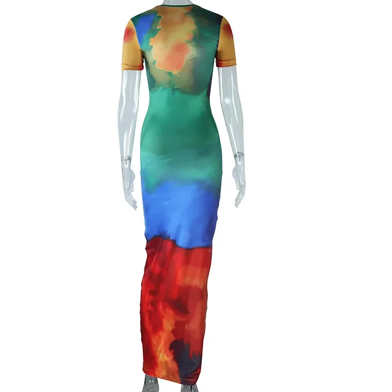 Fashion Tie Dye Maxi Dress Women Elegant Short Sleeve Bodycon Beach Dresses Summer Casual Long Holiday Club Party Dress 2024