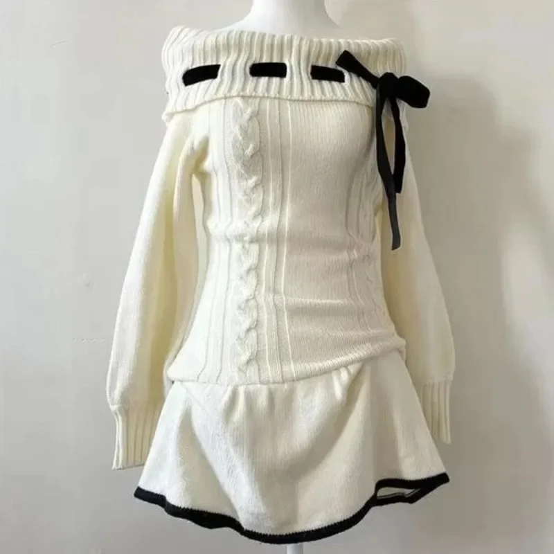 Y2K Lace Plaid A-Line Dresses Girl Autumn Winter Off-Shoulder Mini Dresses Ruffle Hem Sweet Fun Outfit Sweater Wear Skirt Top